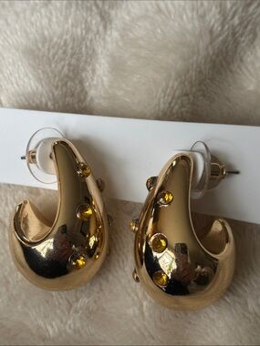 Gold-Tone Hoop Earrings with Yellow Crystals - Women Jewelry NWT